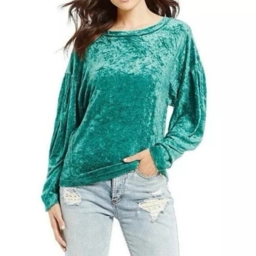 WE THE FREE Milan Sea Velvet Top Turquoise Green Relaxed‎ Balloon Sleeve L